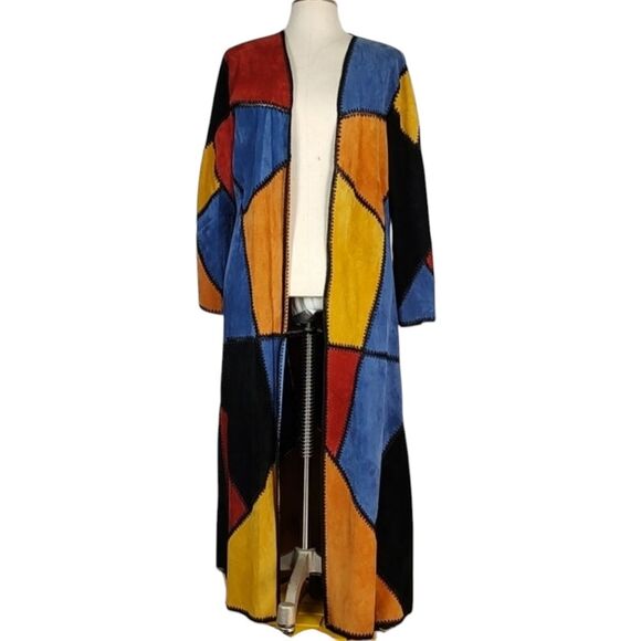 🔥HP Adrienne Landau Dyed Pig Suede Long Patchwork Colorblock Duster Jacket - Picture 1 of 13